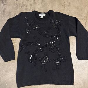 Vintage 80s Victoria Harbour Women sweater Black‎ Large Beaded Rhinestone Sequin